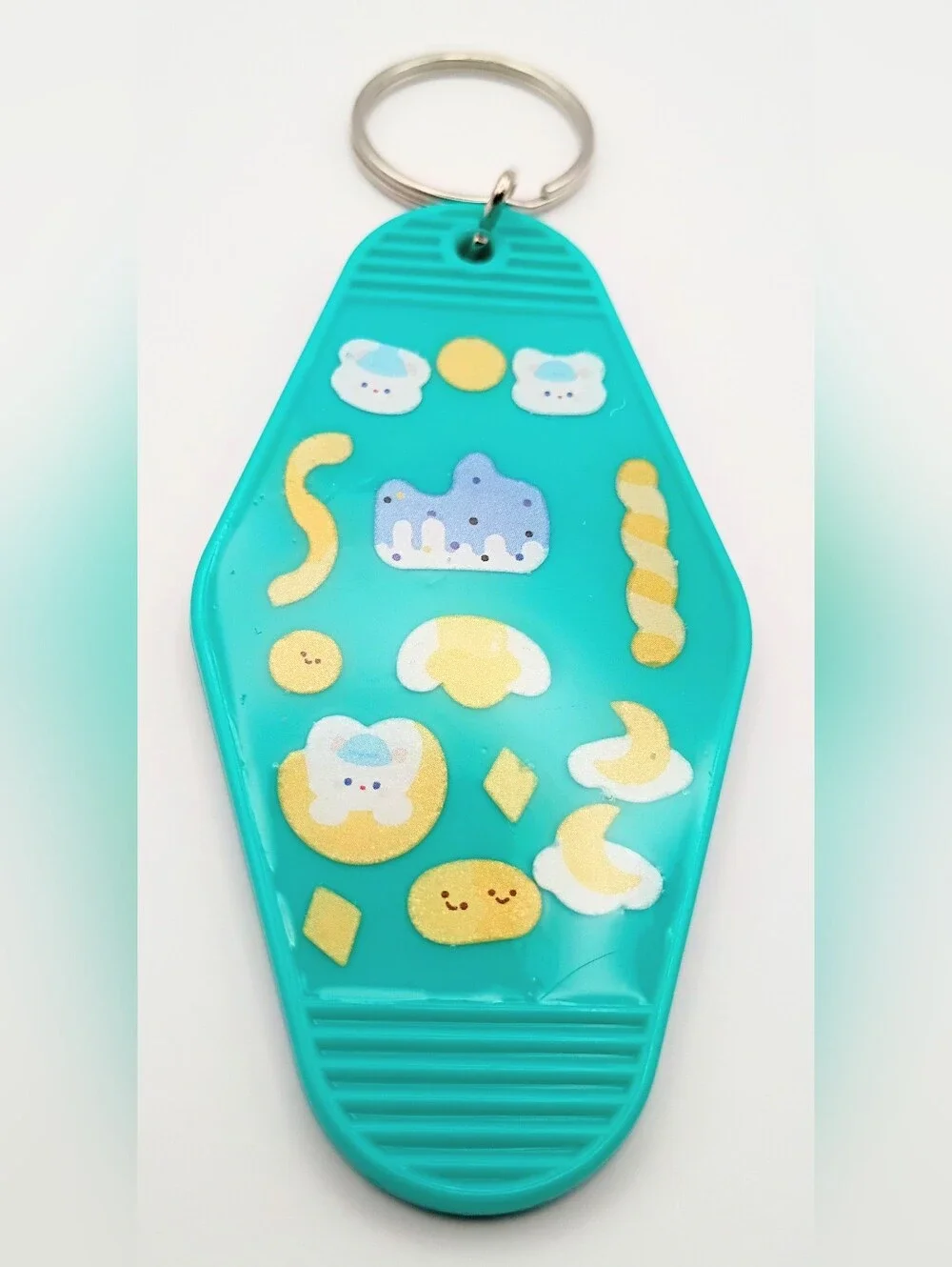 Cute Teal Cartoon Keychain Fob with Yellow & White Accents